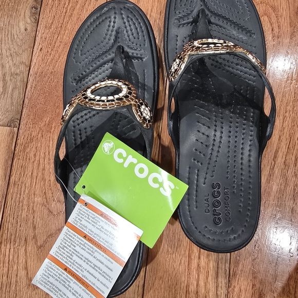 Crocs Black and Gold Women's Sandals - Picture 2 of 11